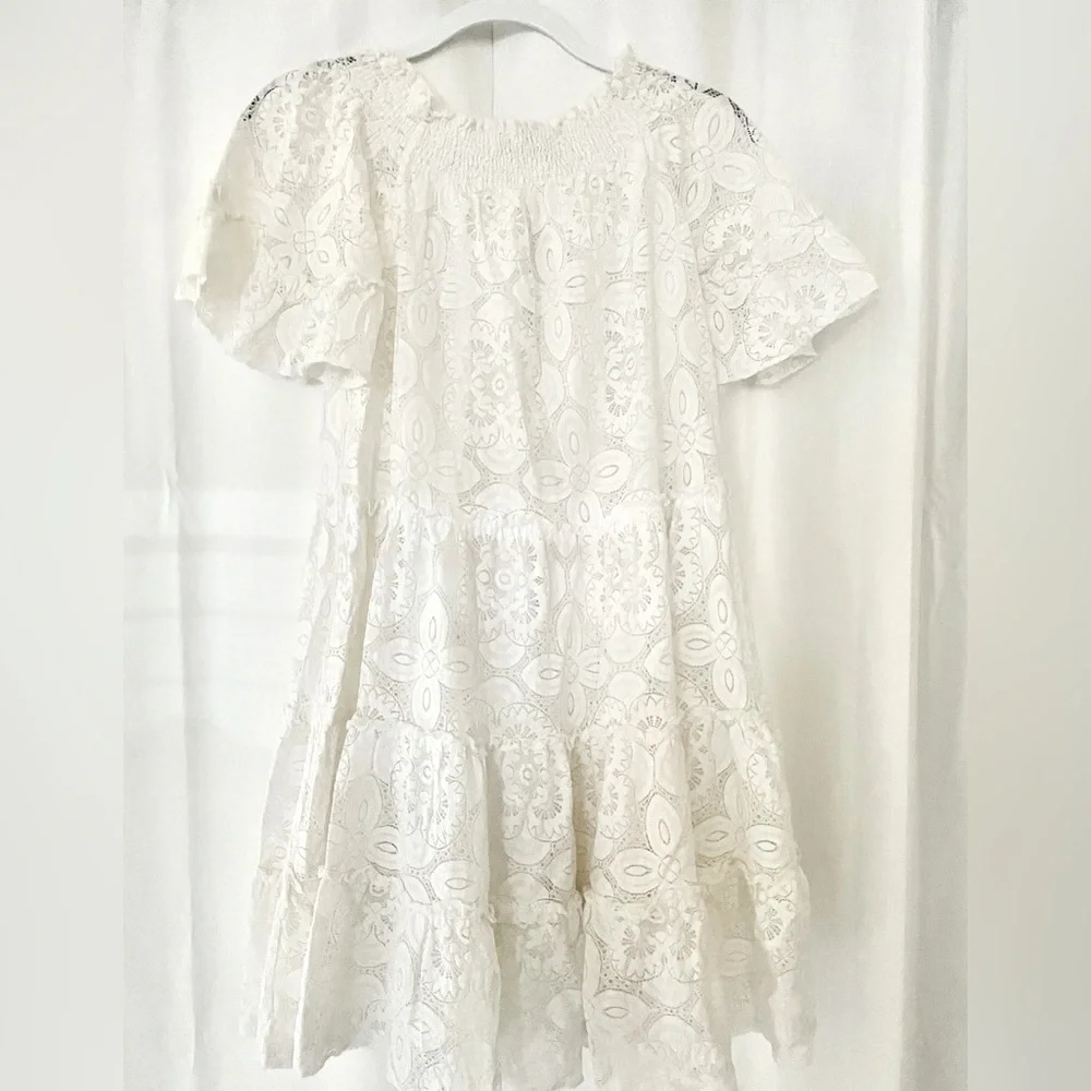 White Ruffled Pleated lace small women’s midi lined dress milkmaid coquette